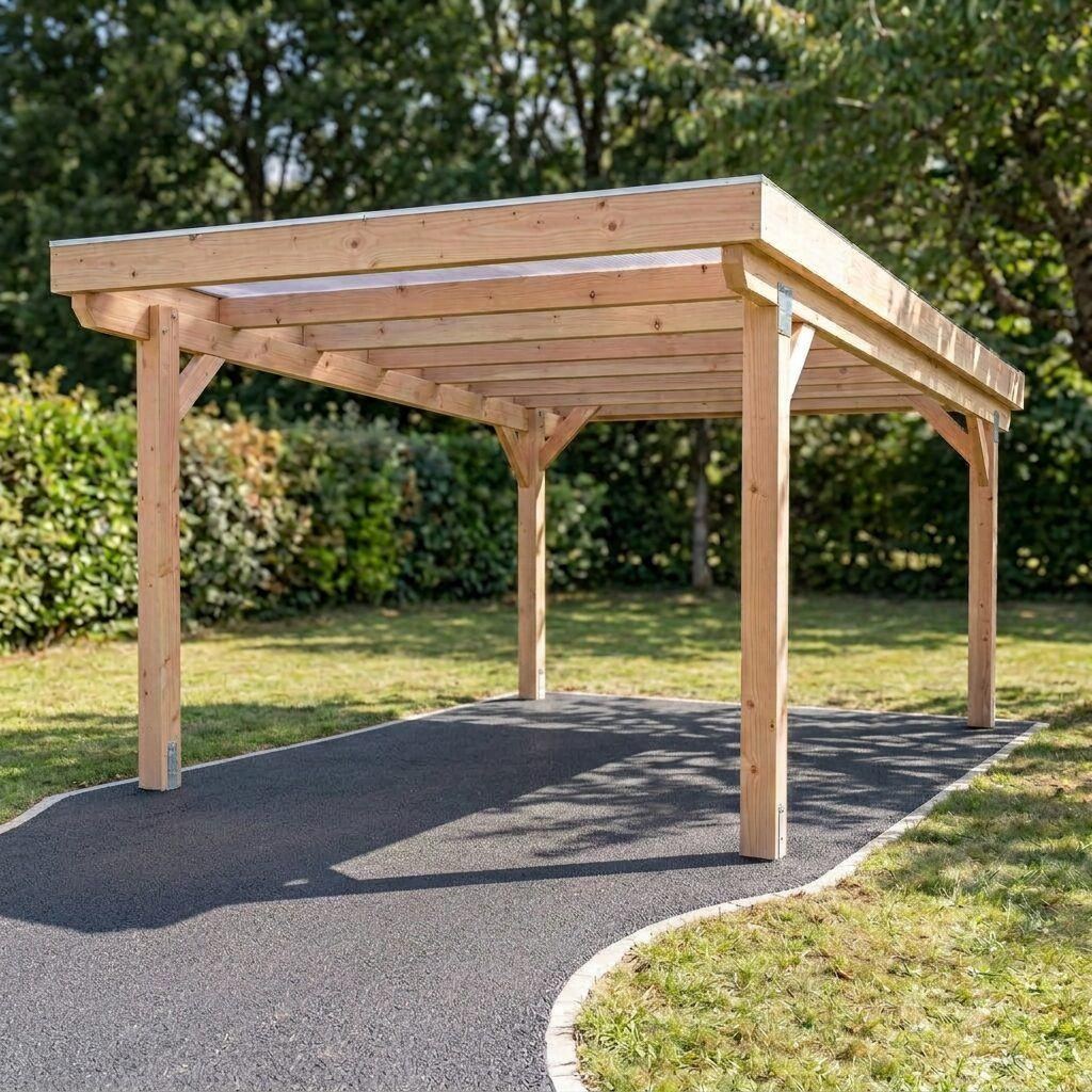 Carport bois autoportant à toit plat sur une allée