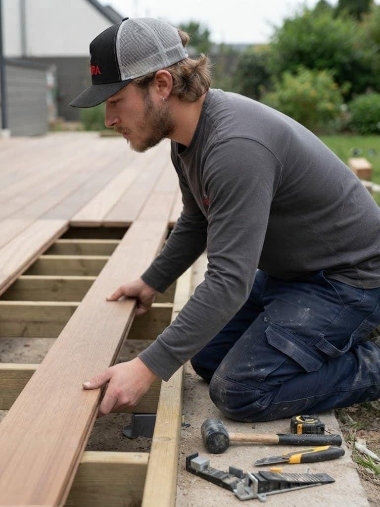 Grégoire Bouy posant une lame de terrasse bois sur son ossature