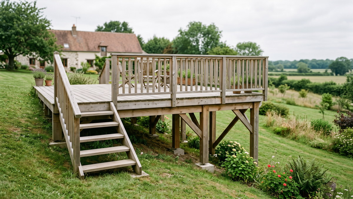 Terrasse bois surélevée sur ossature, avec escalier et garde-corps, rattrapant la pente d'un jardin