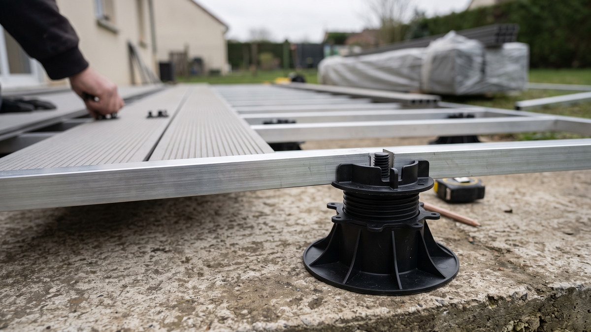 Plot réglable en polypropylène noir posé sur une dalle béton, supportant une ossature aluminium et des lames composite gris