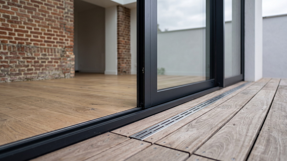 Raccord d'une terrasse bois au seuil d'une baie coulissante en aluminium noir, avec caniveau de drainage en pied de baie