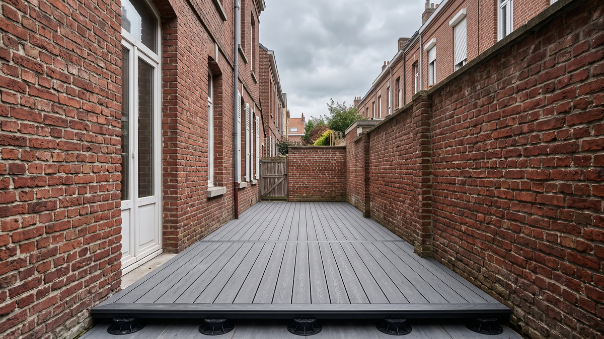 Terrasse en lames composite gris anthracite posée sur plots réglables dans une cour étroite de maison de ville en brique