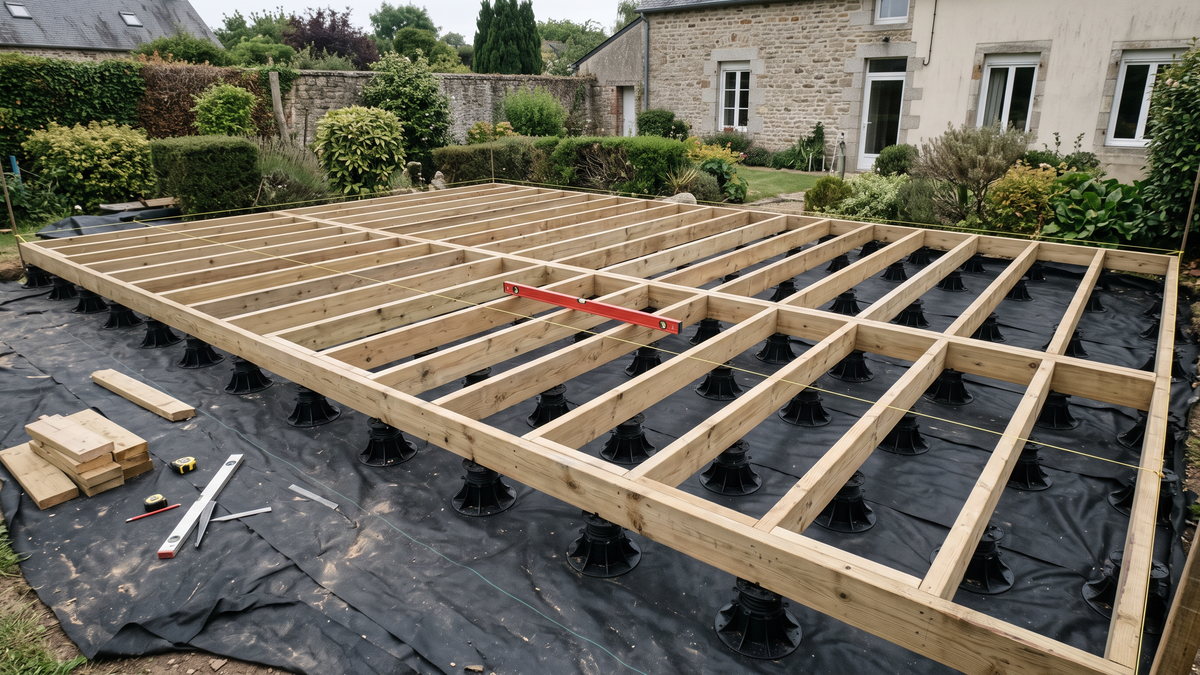 Ossature de terrasse en cours de montage : lambourdes sur plots réglables, géotextile au sol et niveau posé en travers