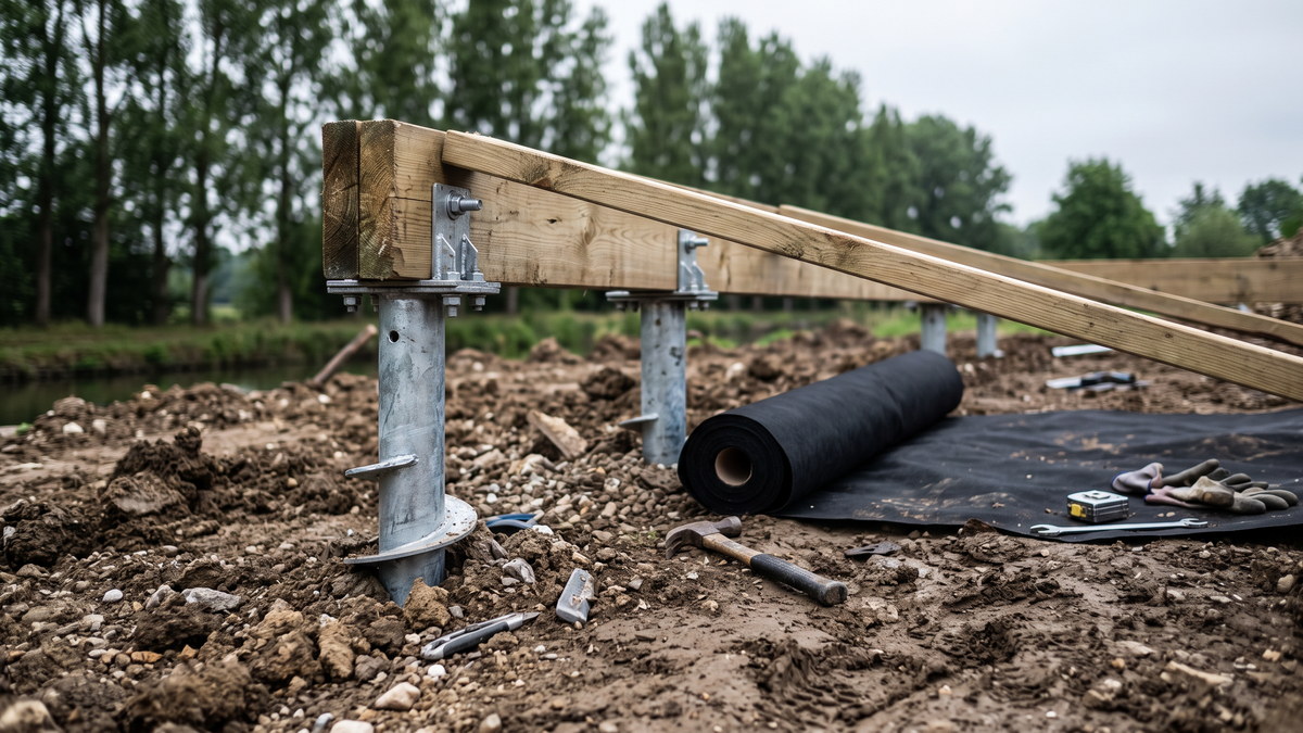 Vis de fondation en acier galvanisé dans un sol remué, lambourde fixée par étrier métallique et géotextile déroulé